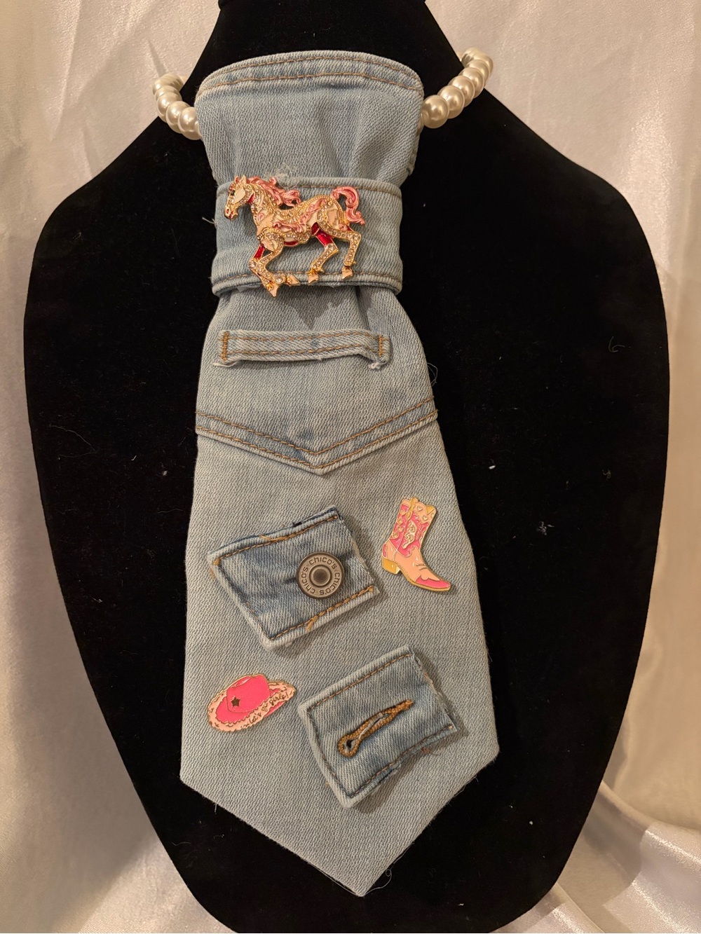 Light Blue Denim Necklace Tie with Pink Western Pins